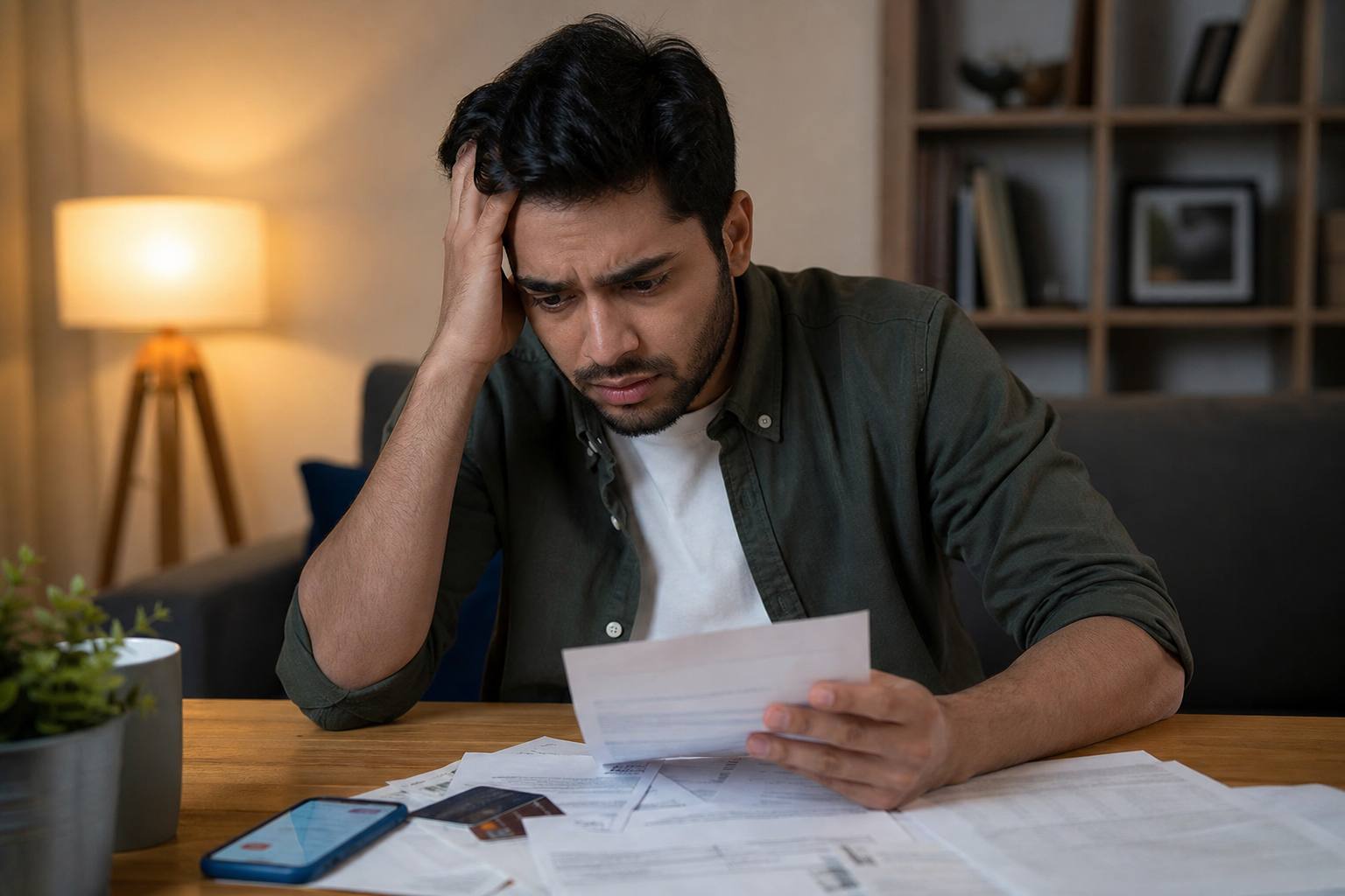 Person reviewing bank statements and subscription alerts